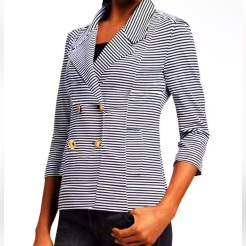 CABI BLUE WHITE NAUTICAL STRIPED V-NECK COLLARED GOLD CREST BUTTONED JACKET XL